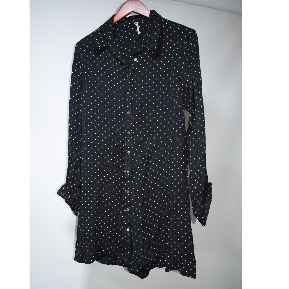 Free People Large Black White Polka Dot Button Front Long Sleeve Shirt Dress